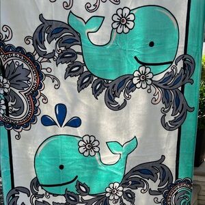 Vera Bradley Fan Flowers Beach Towel Aqua and Cream Whale Print with Florals